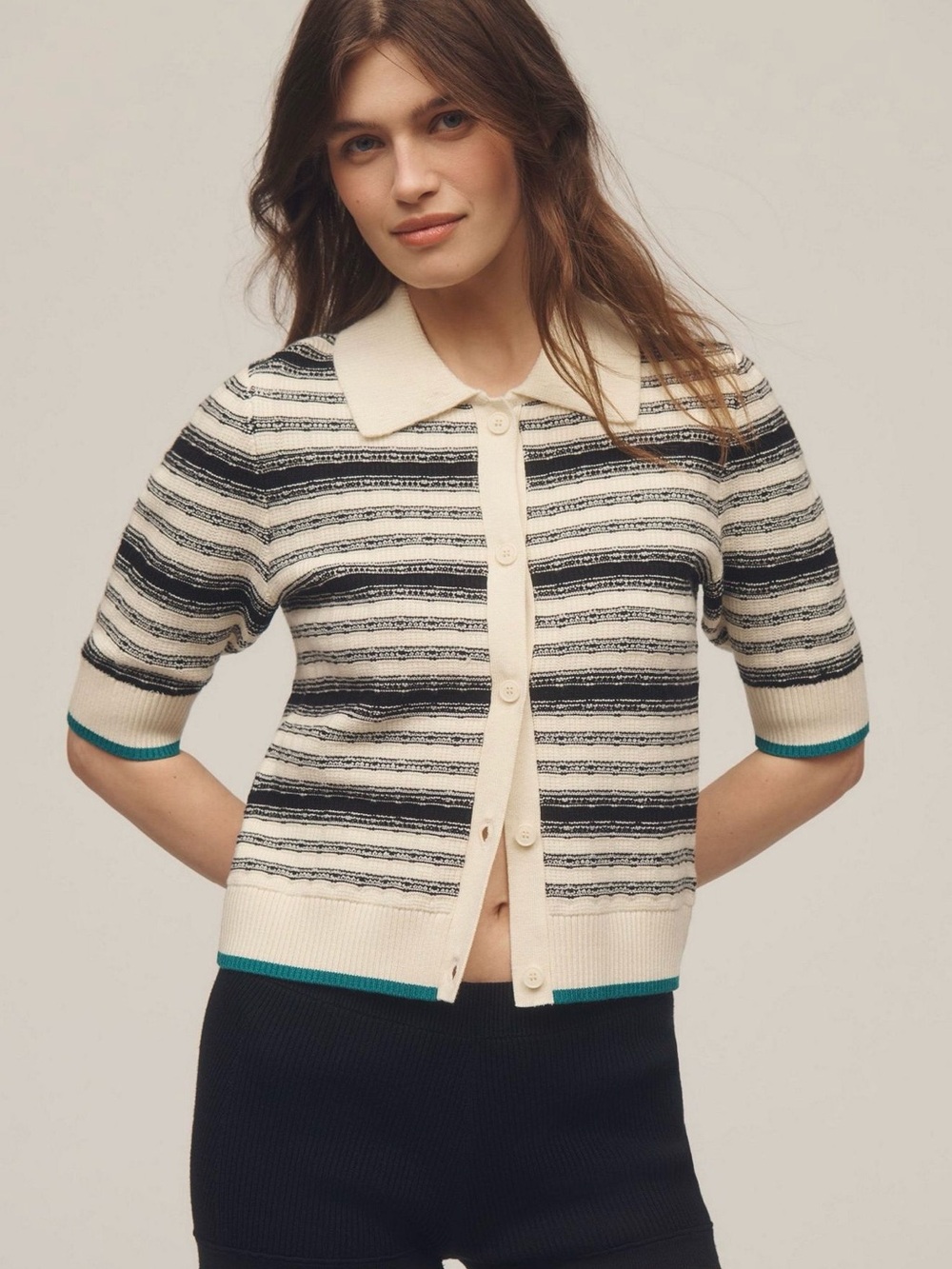 NWOT Maeve Cream and Black Striped Short-Sleeve Button Cardigan with Teal Trim